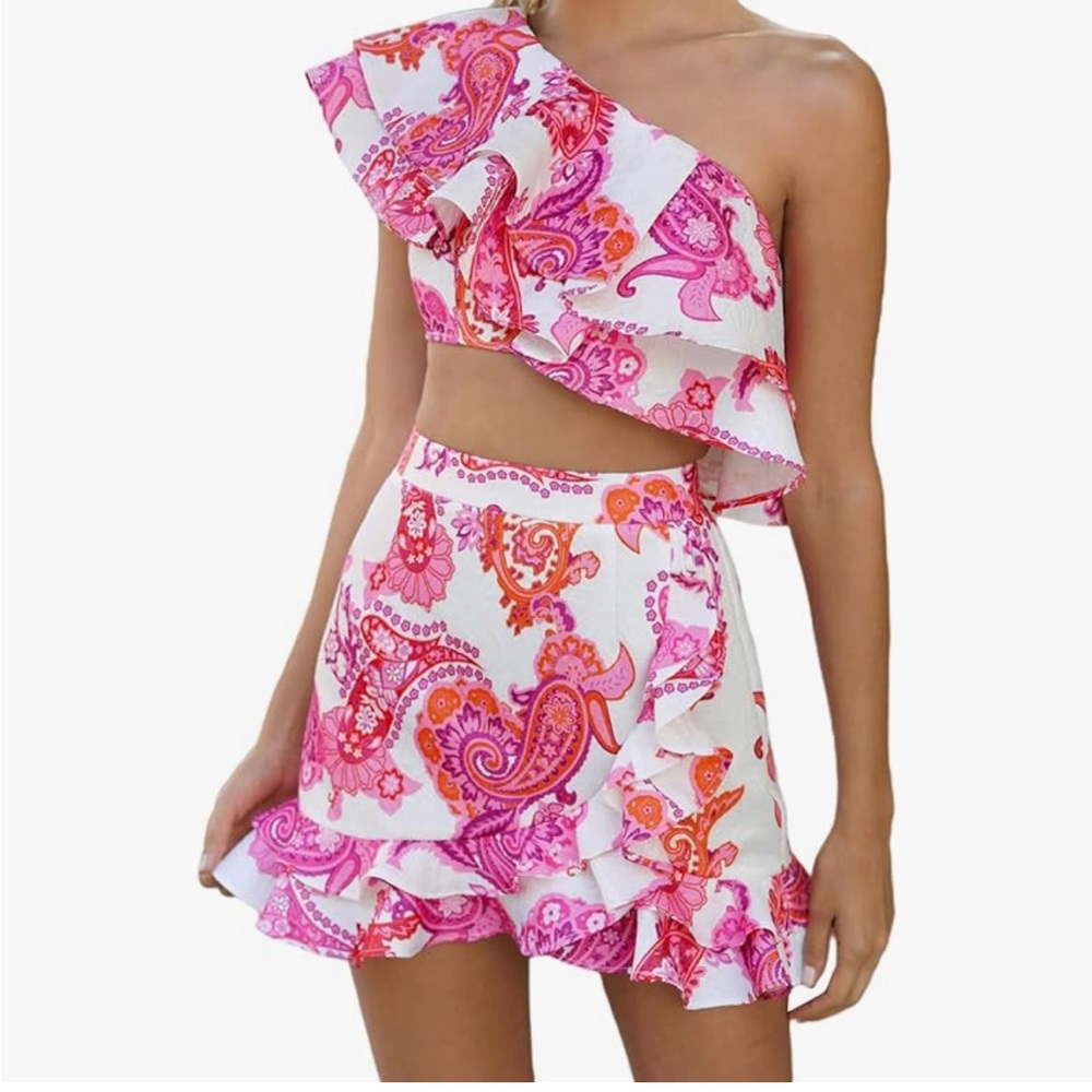 Two Piece Off the Shoulder Top and Pink Floral Ruffle Skirt‎